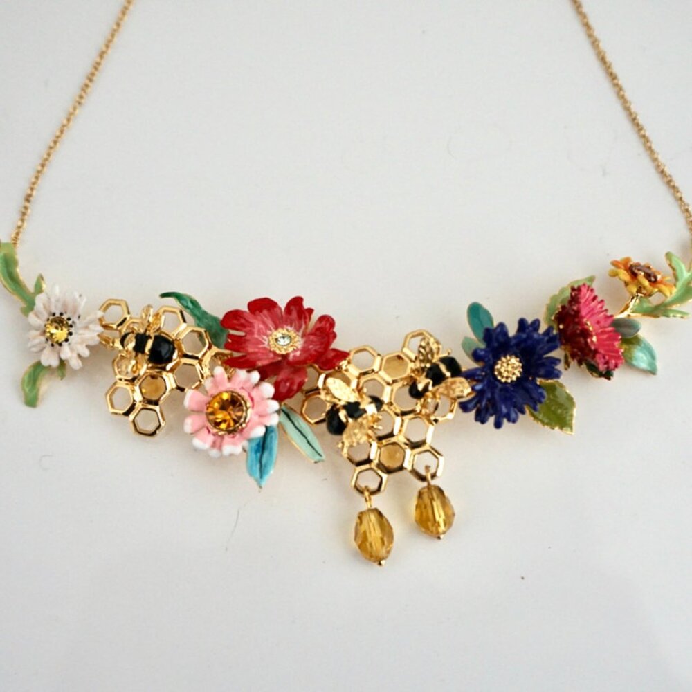 Necklace with colorful flowers, faceted stones and honey bees